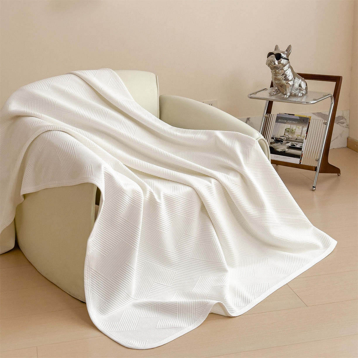 91家纺网 家纺一手货源 找家纺 布凡家居 2026新款290克全棉A类三层纱盖毯夏被午睡被 菱纹-高级白