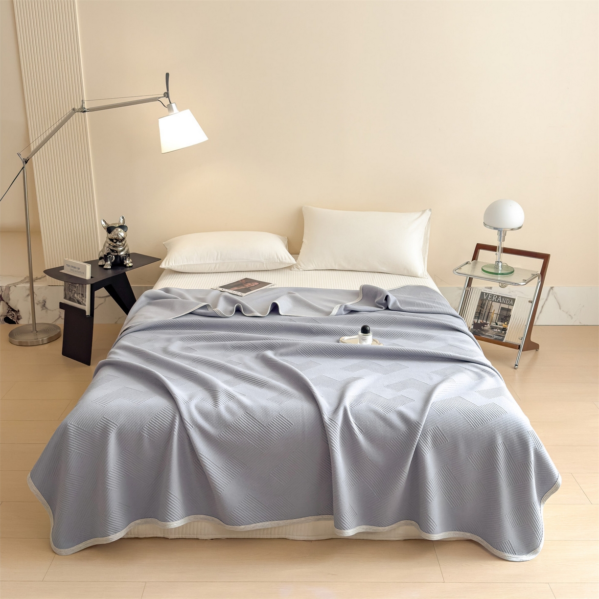 91家纺网 家纺一手货源 找家纺 布凡家居 2026新款290克全棉A类三层纱盖毯夏被午睡被 菱纹-雾霾蓝