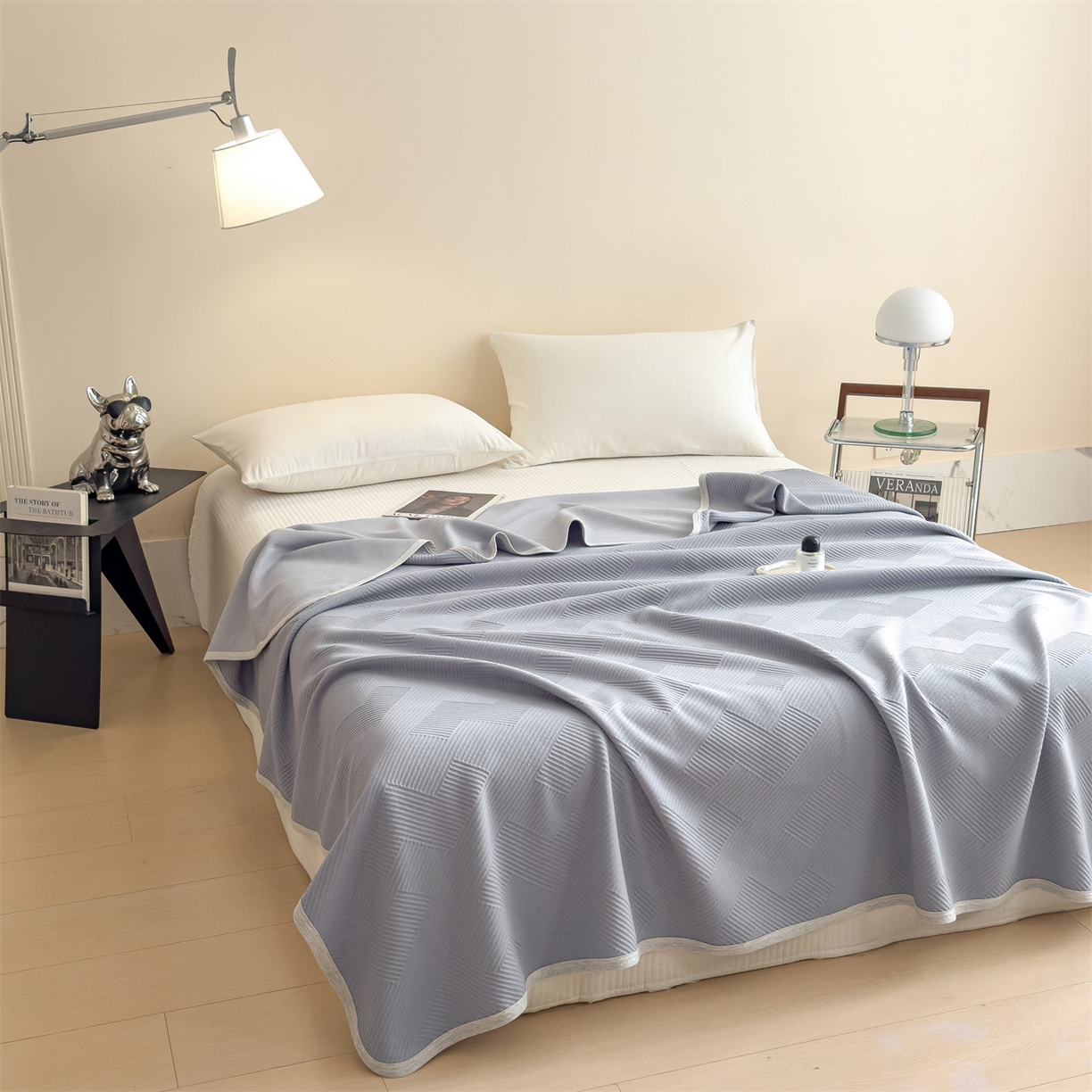 91家纺网 家纺一手货源 找家纺 布凡家居 2026新款290克全棉A类三层纱盖毯夏被午睡被 菱纹-雾霾蓝