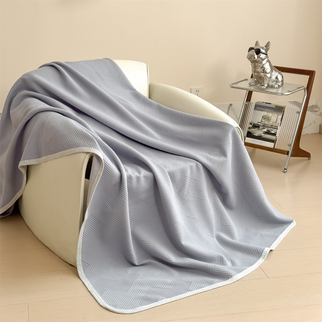 91家纺网 家纺一手货源 找家纺 布凡家居 2026新款290克全棉A类三层纱盖毯夏被午睡被 菱纹-雾霾蓝