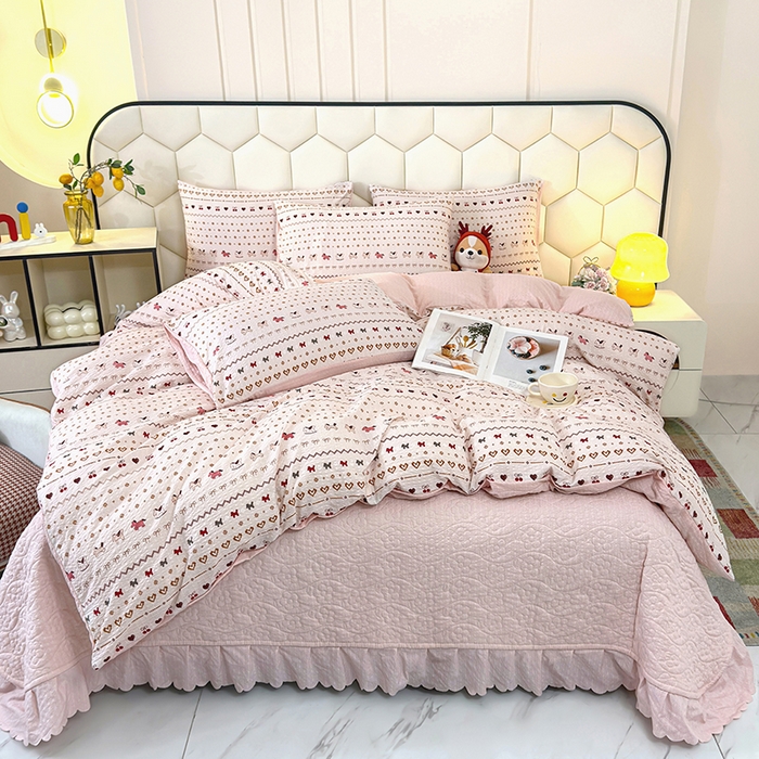 栩裕纺织 2026新款云感双层纱床盖四件套 幸运马-粉