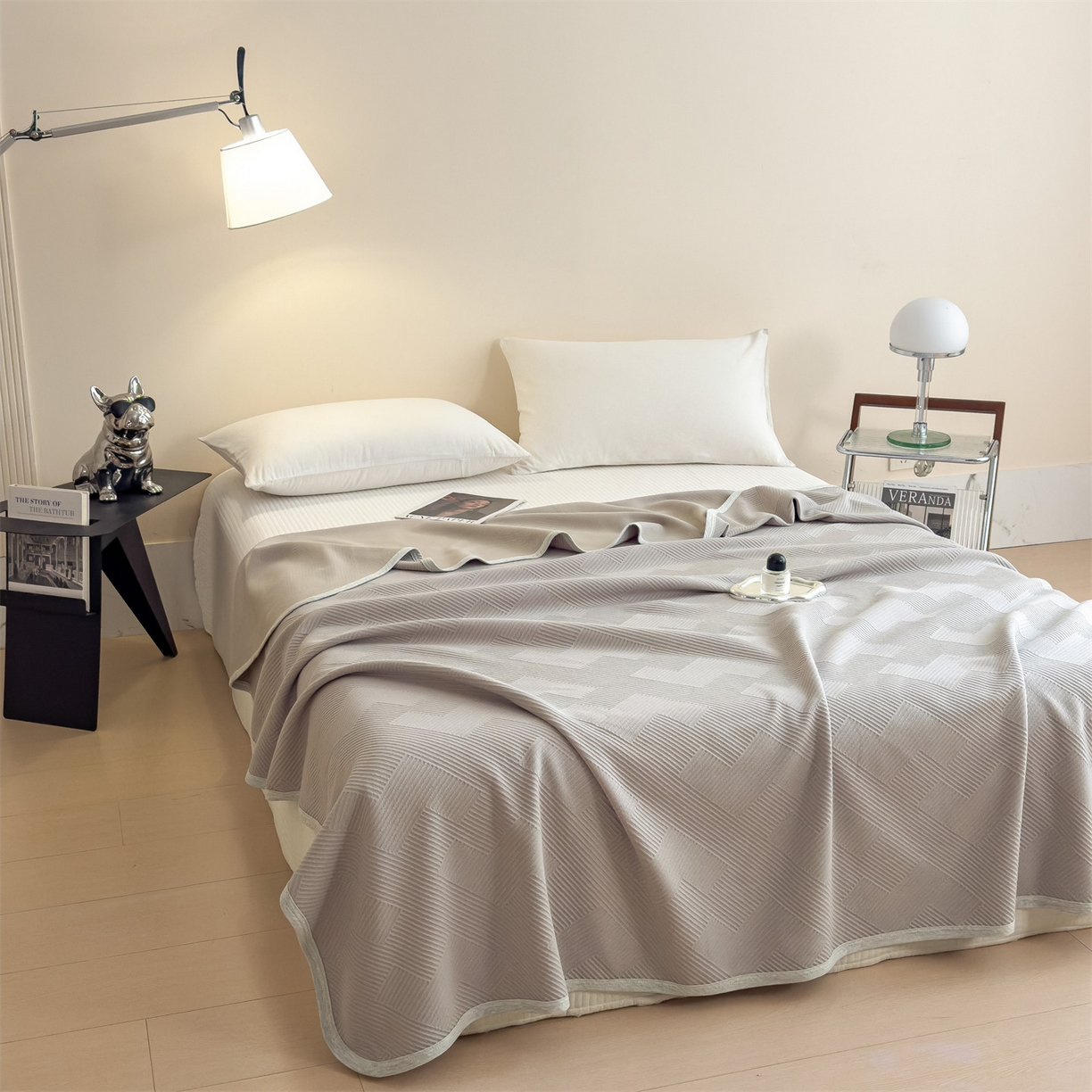 91家纺网 家纺一手货源 找家纺 布凡家居 2026新款290克全棉A类三层纱盖毯夏被午睡被 菱纹-优雅灰