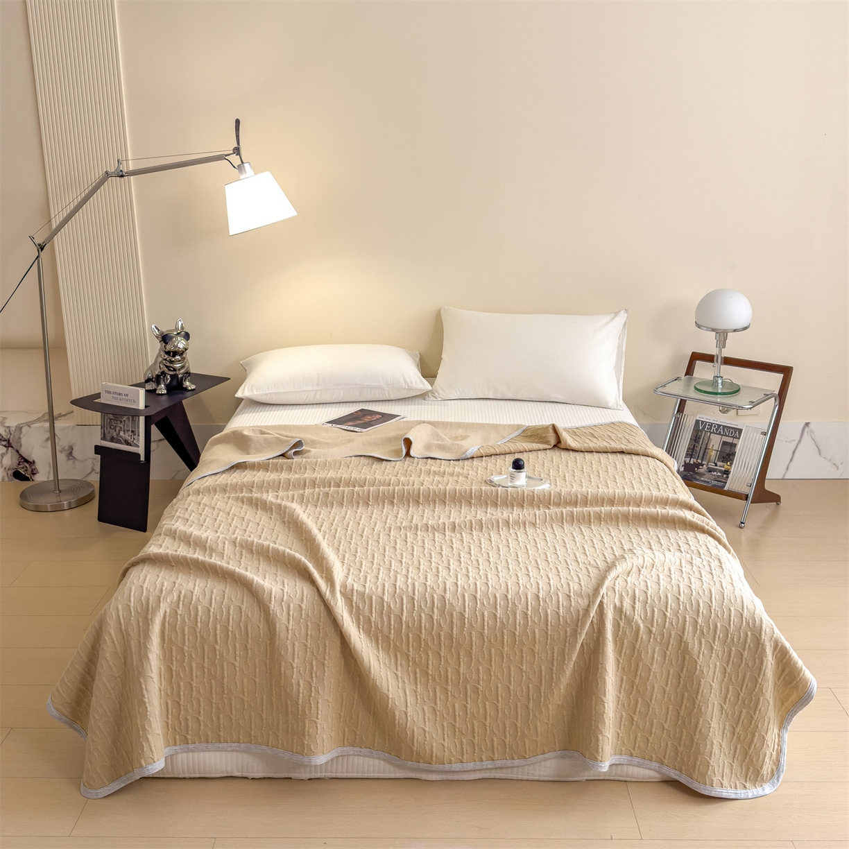 91家纺网 家纺一手货源 找家纺 布凡家居 2026新款290克全棉A类三层纱盖毯夏被午睡被 雅韵-奶杏