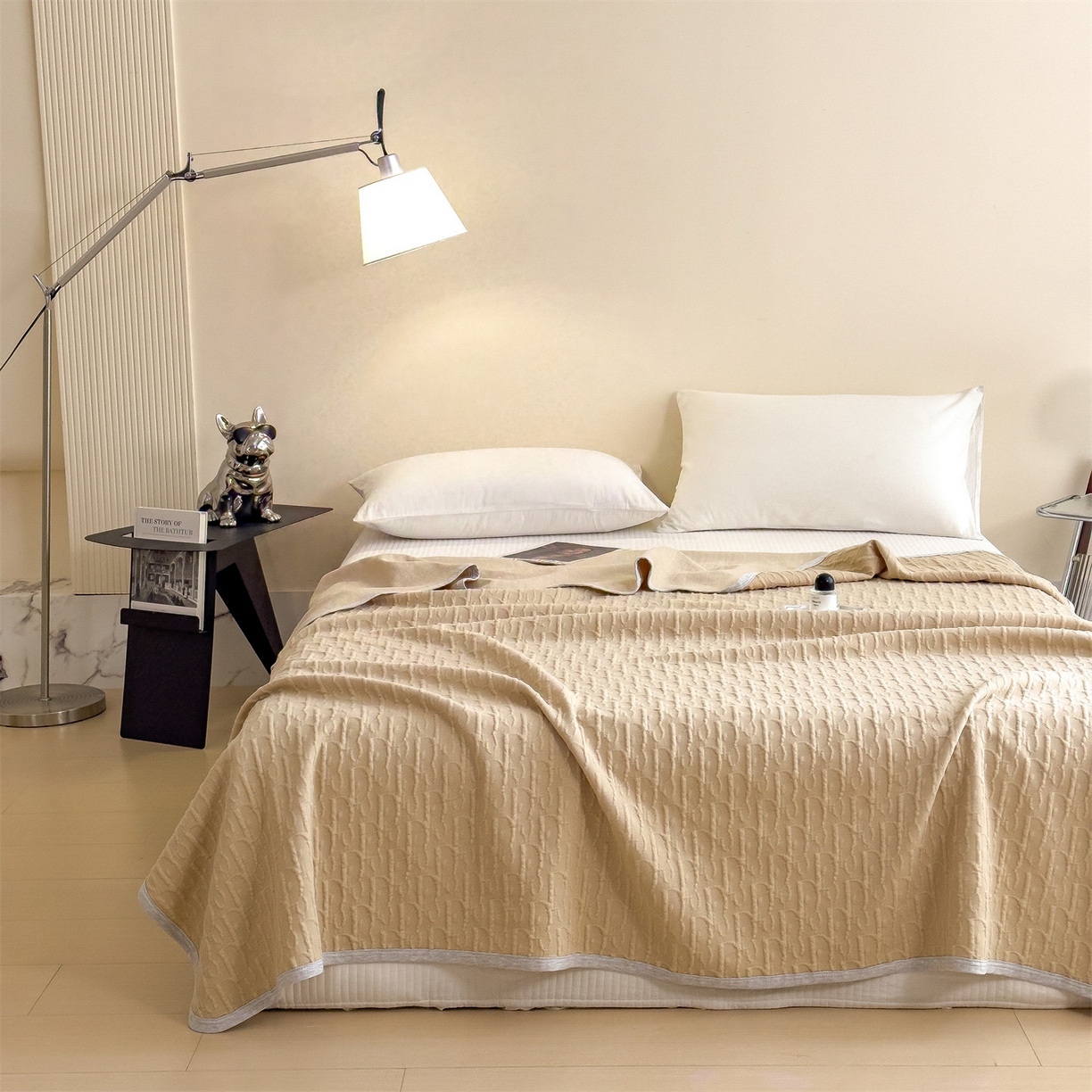 91家纺网 家纺一手货源 找家纺 布凡家居 2026新款290克全棉A类三层纱盖毯夏被午睡被 雅韵-奶杏