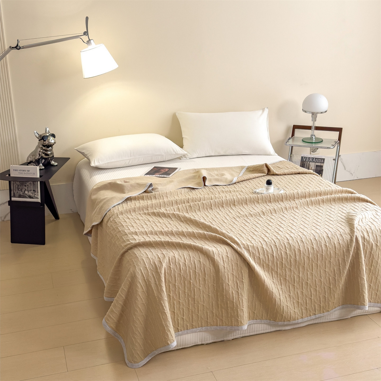 91家纺网 家纺一手货源 找家纺 布凡家居 2026新款290克全棉A类三层纱盖毯夏被午睡被 雅韵-奶杏