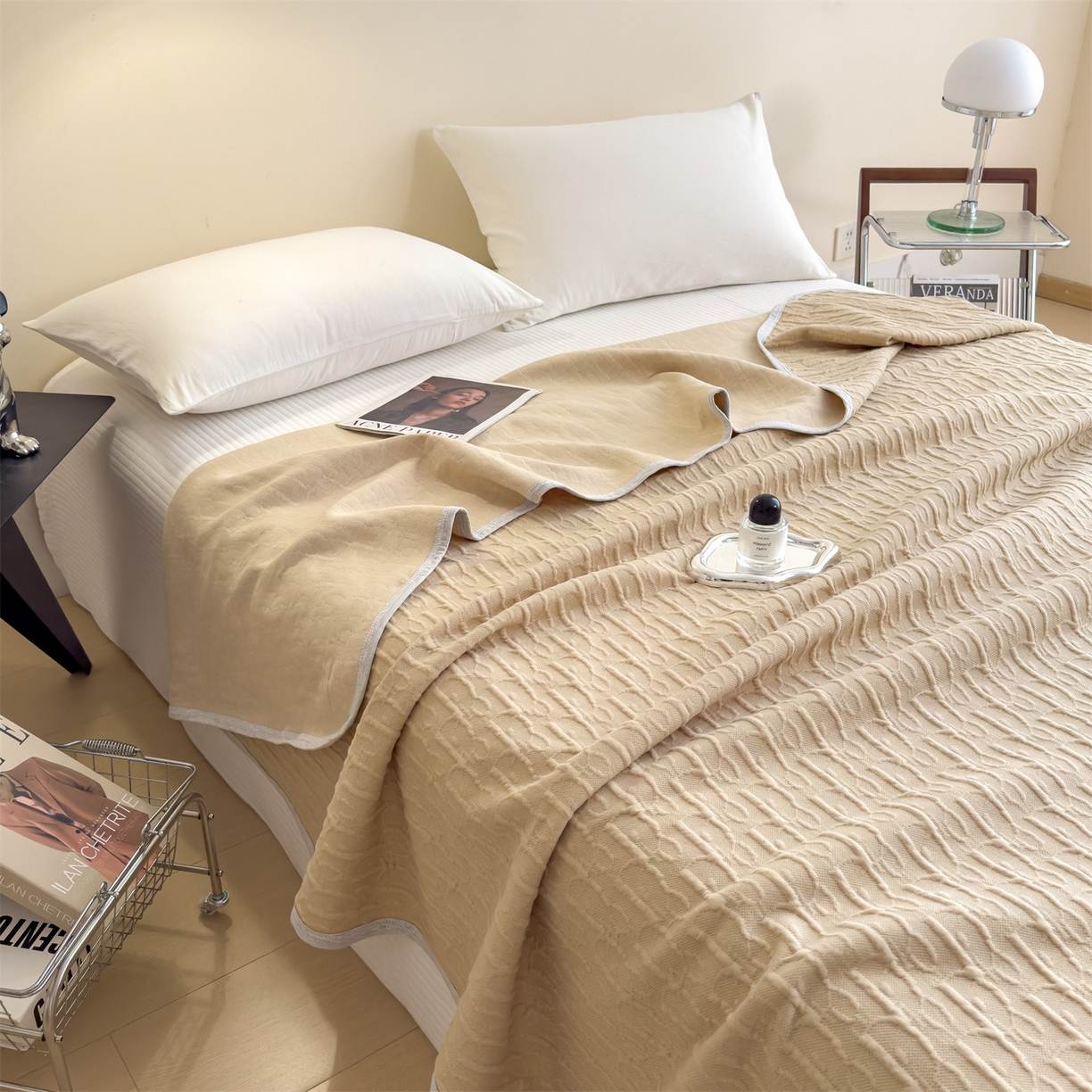 91家纺网 家纺一手货源 找家纺 布凡家居 2026新款290克全棉A类三层纱盖毯夏被午睡被 雅韵-奶杏