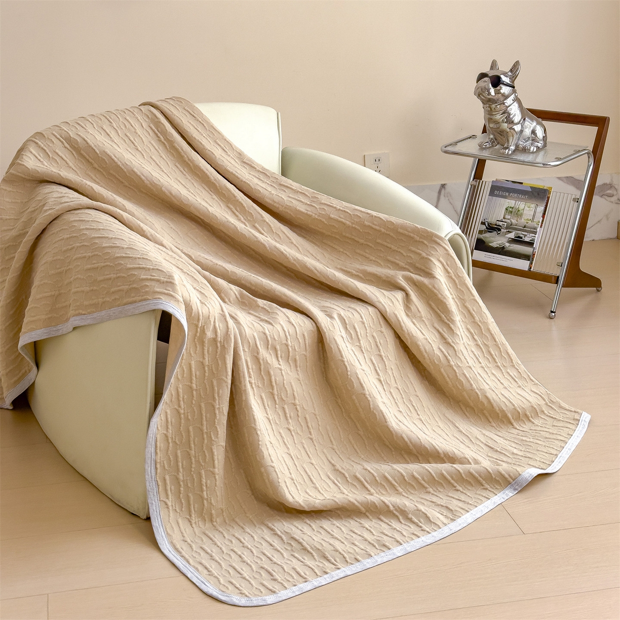 91家纺网 家纺一手货源 找家纺 布凡家居 2026新款290克全棉A类三层纱盖毯夏被午睡被 雅韵-奶杏