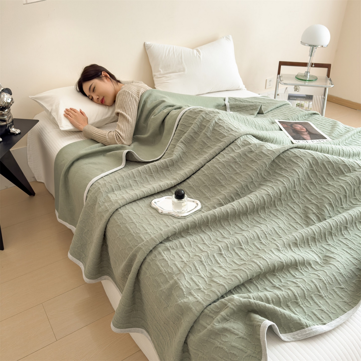 91家纺网 家纺一手货源 找家纺 布凡家居 2026新款290克全棉A类三层纱盖毯夏被午睡被 雅韵-水果绿