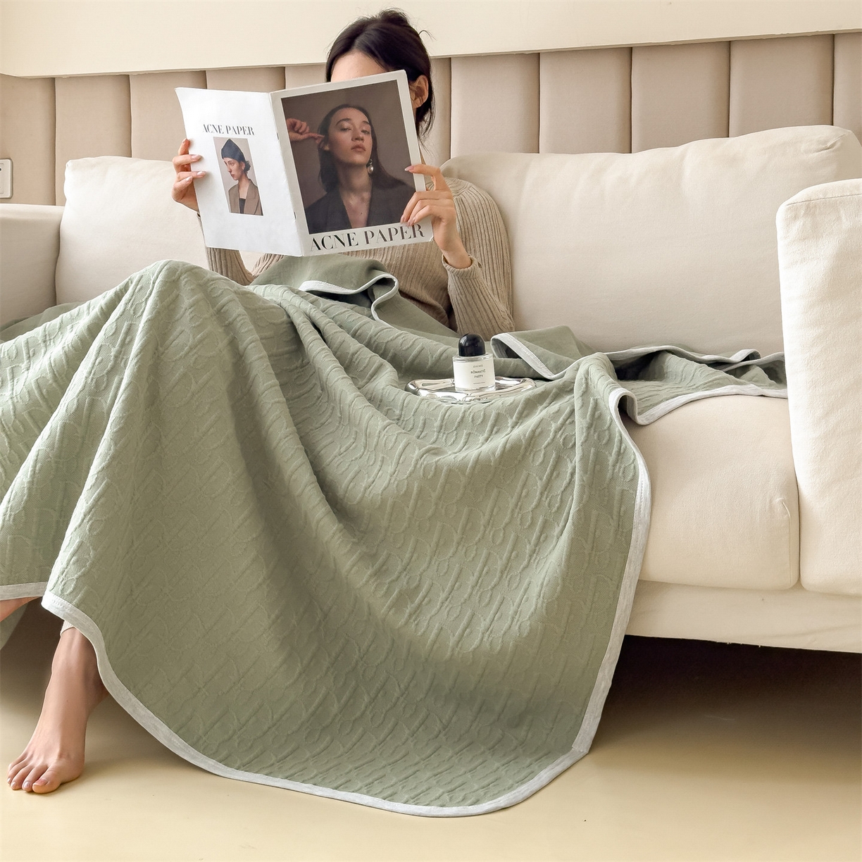 91家纺网 家纺一手货源 找家纺 布凡家居 2026新款290克全棉A类三层纱盖毯夏被午睡被 雅韵-水果绿