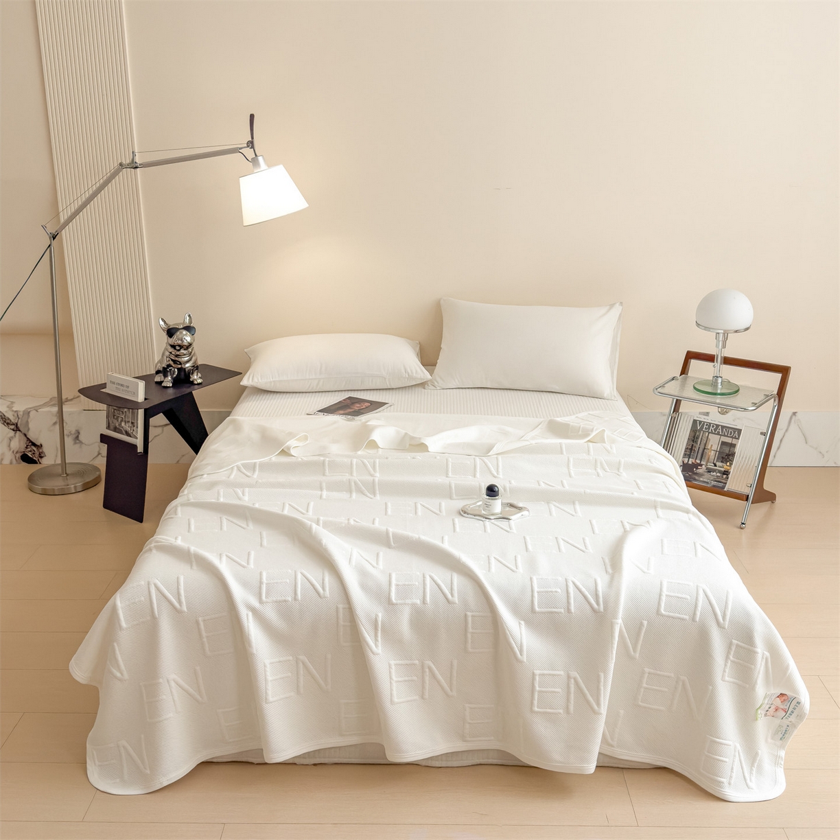 91家纺网 家纺一手货源 找家纺 布凡家居 2026新款290克全棉A类三层纱盖毯夏被午睡被 知槿-高级白