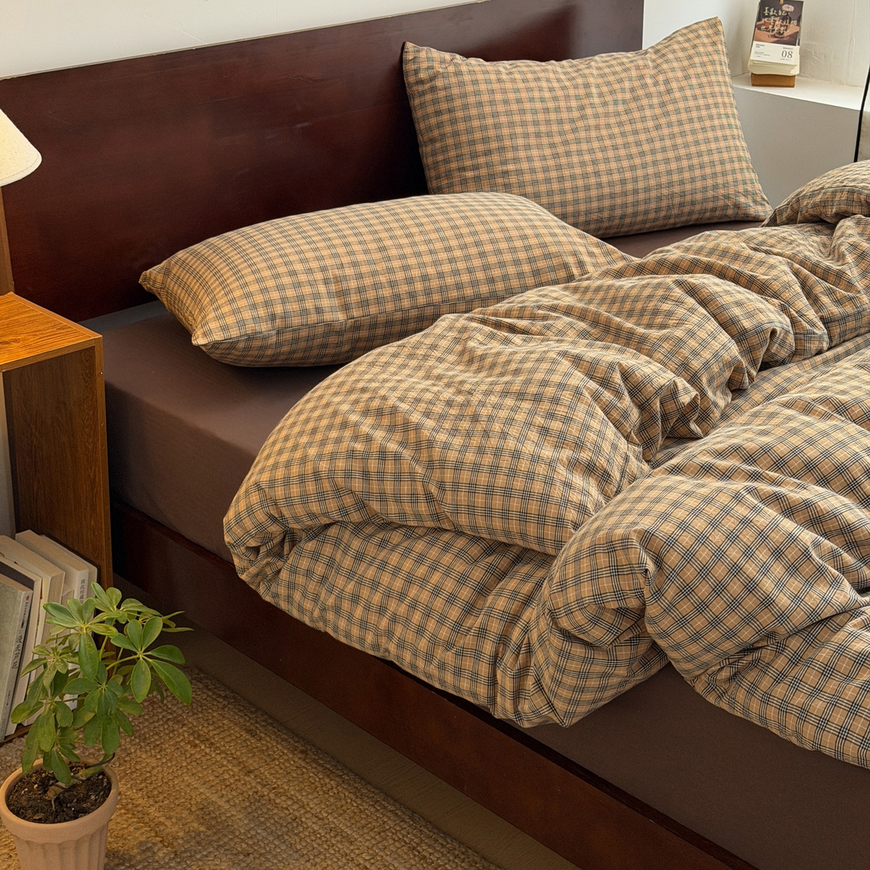 91家纺网 家纺一手货源 找家纺 （总）玖弘家居 2026新款全棉色织水洗棉人字纹格子混搭四件套系列