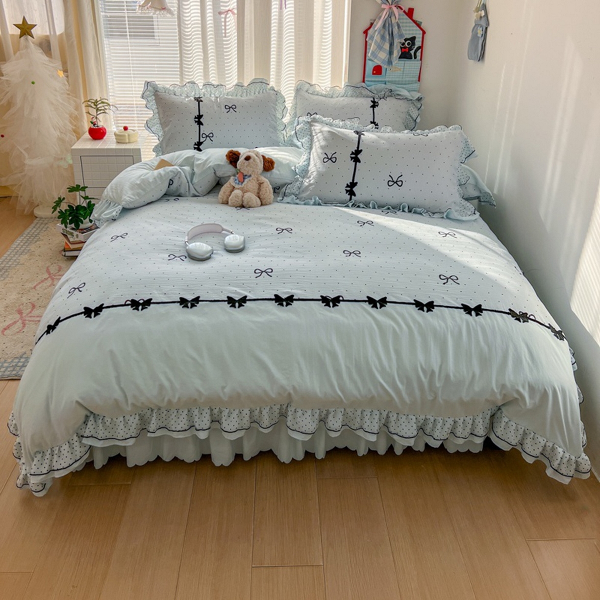 91家纺网 家纺一手货源 找家纺 （总）贝凯瑞 2026 (蝴蝶结）皱皱纱双层纱水洗棉ins小清新蕾丝花边韩版床裙四件套