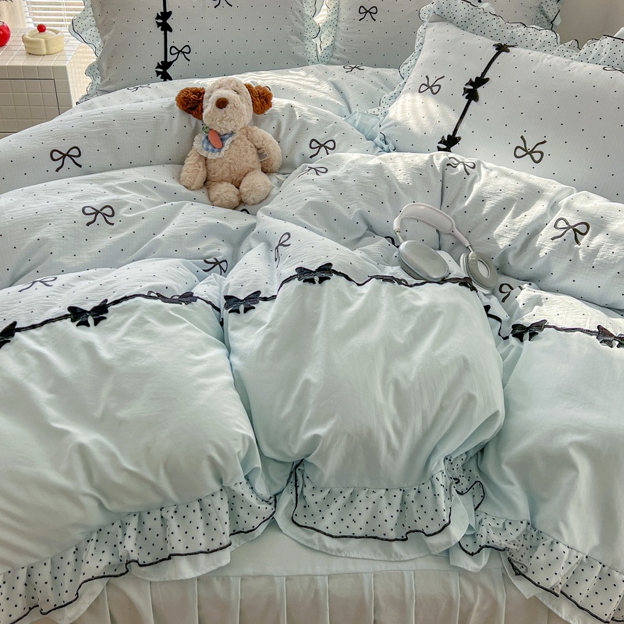 91家纺网 家纺一手货源 找家纺 （总）贝凯瑞 2026款仿棉木棉水洗棉绣花ins小清新床裙床单款四件套-星月语