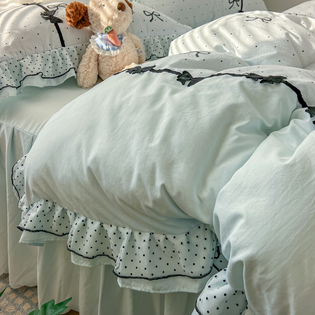 91家纺网 家纺一手货源 找家纺 （总）贝凯瑞 2026 (蝴蝶结）皱皱纱双层纱水洗棉ins小清新蕾丝花边韩版床裙四件套