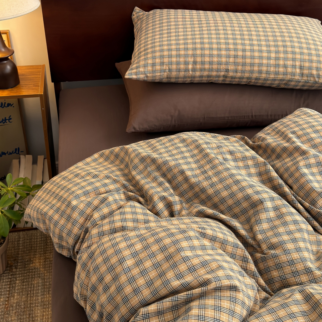 玖弘家居 2026新款全棉色织水洗棉人字纹格子混搭四件套系列 春野咖格+巧克力棕