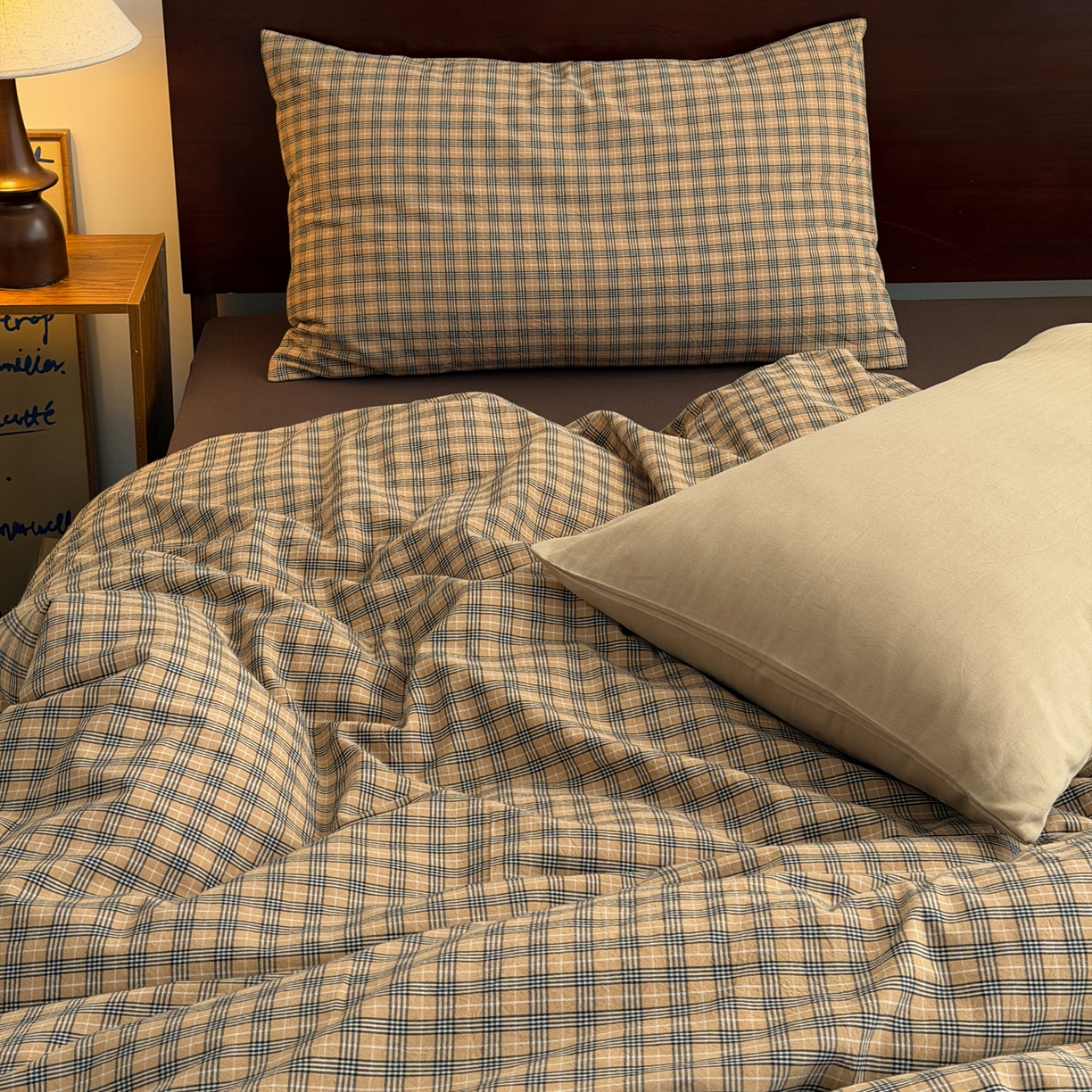 玖弘家居 2026新款全棉色织水洗棉人字纹格子混搭四件套系列 春野咖格+燕麦