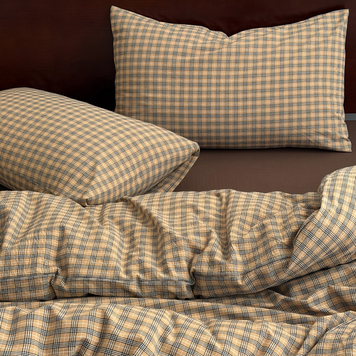 91家纺网 家纺一手货源 找家纺 玖弘家居 2026新款全棉色织水洗棉人字纹格子混搭四件套系列 春野咖格一对