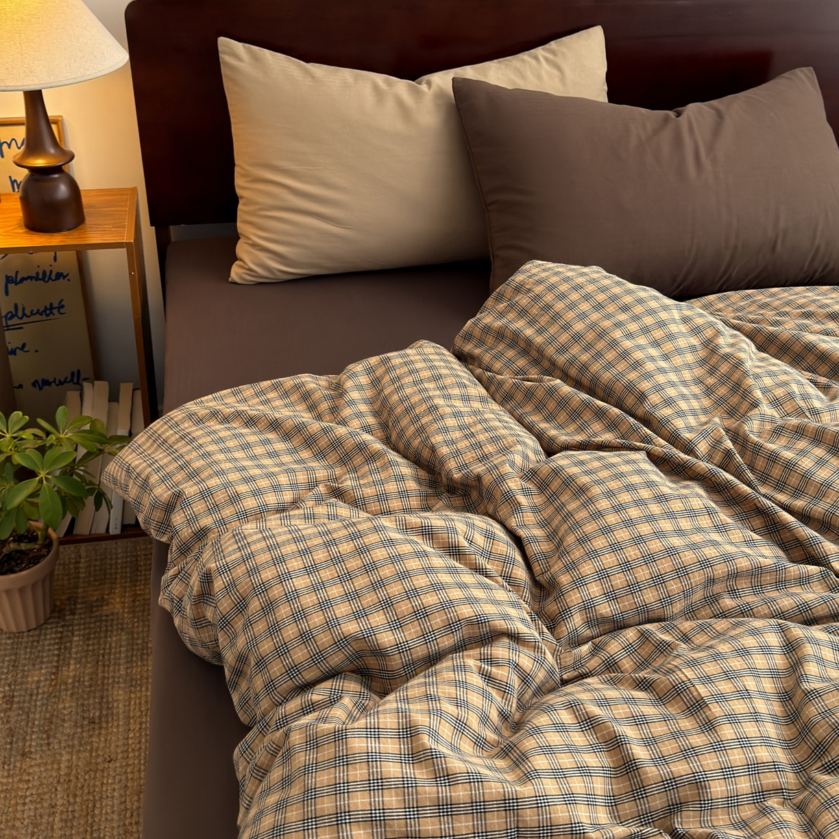 玖弘家居 2026新款全棉色织水洗棉人字纹格子混搭四件套系列 燕麦+巧克力棕