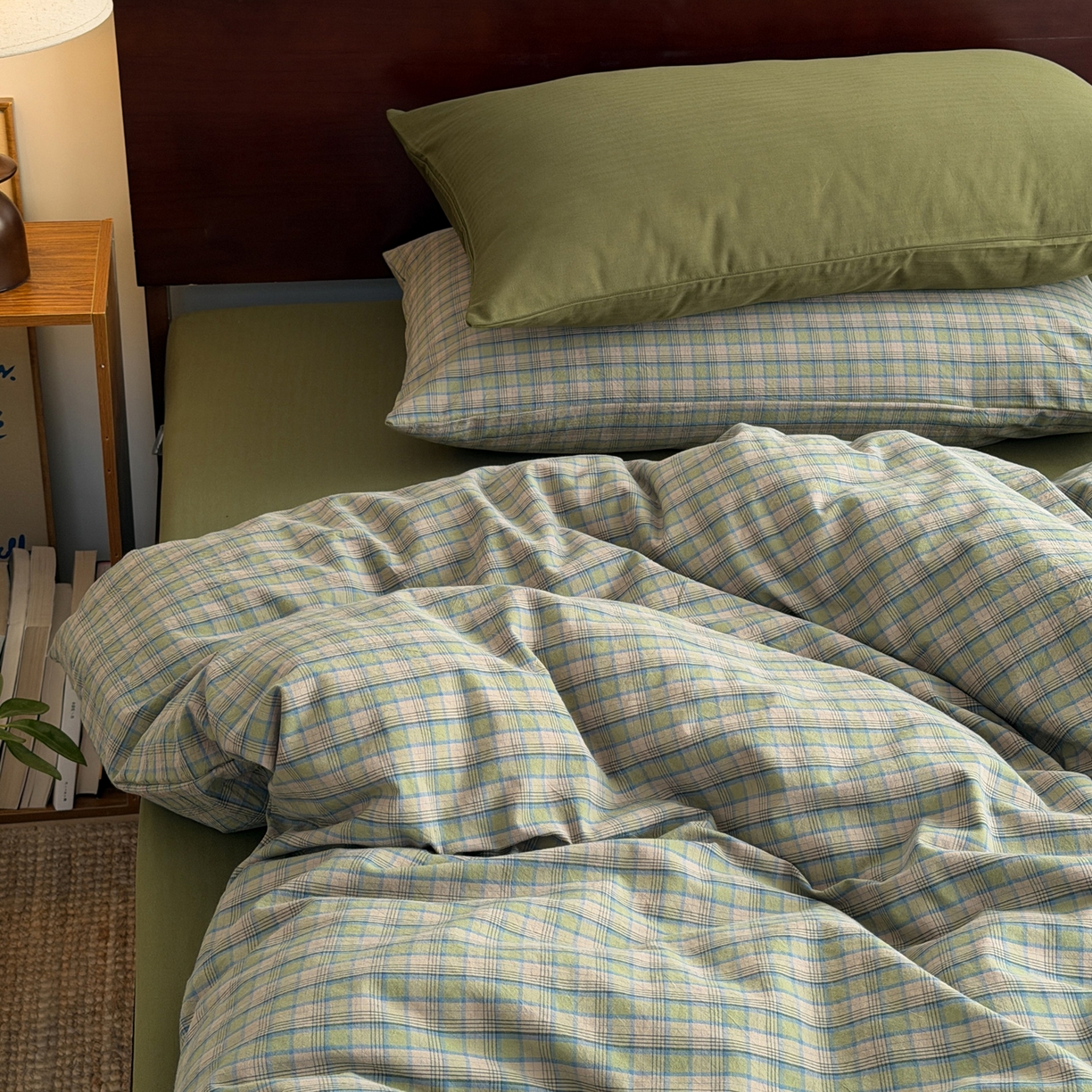 玖弘家居 2026新款全棉色织水洗棉人字纹格子混搭四件套系列 复古绿格+橄榄绿