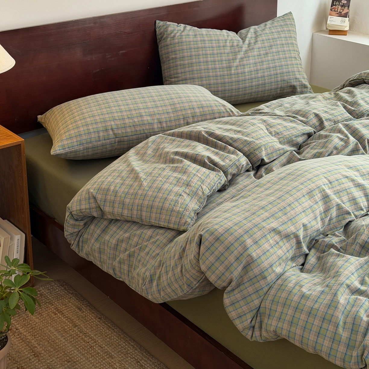 玖弘家居 2026新款全棉色织水洗棉人字纹格子混搭四件套系列 复古绿格一对