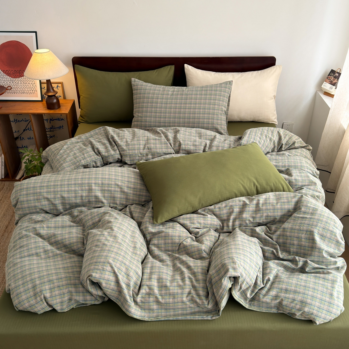 91家纺网 家纺一手货源 找家纺 玖弘家居 2026新款全棉色织水洗棉人字纹格子混搭四件套系列 复古绿格一对