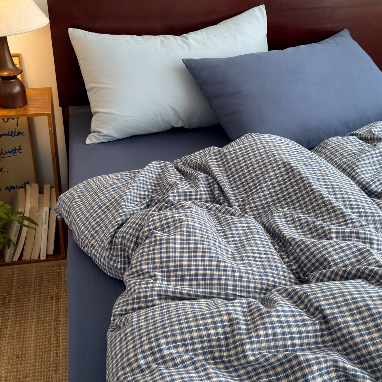 玖弘家居 2026新款全棉色织水洗棉人字纹格子混搭四件套系列 海军蓝+海兰