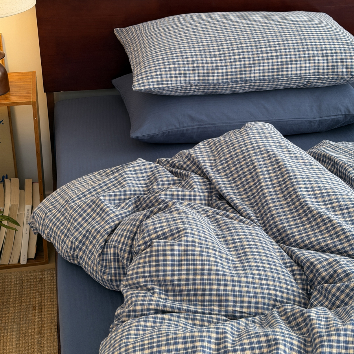 玖弘家居 2026新款全棉色织水洗棉人字纹格子混搭四件套系列 怀旧蓝+海军蓝