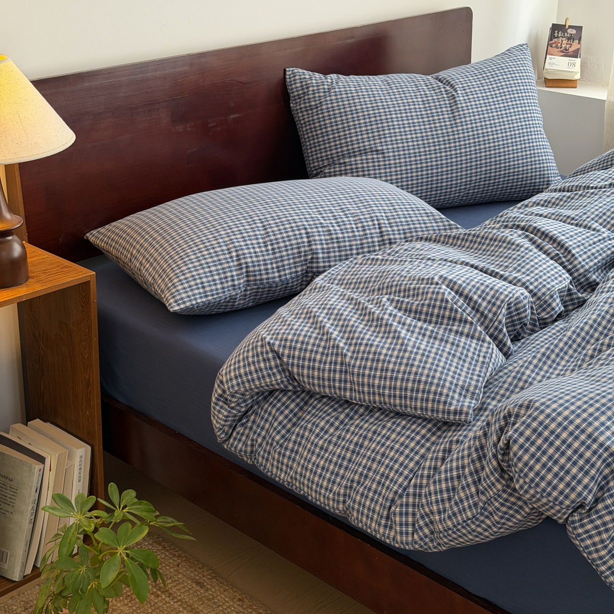 玖弘家居 2026新款全棉色织水洗棉人字纹格子混搭四件套系列 怀旧蓝格一对