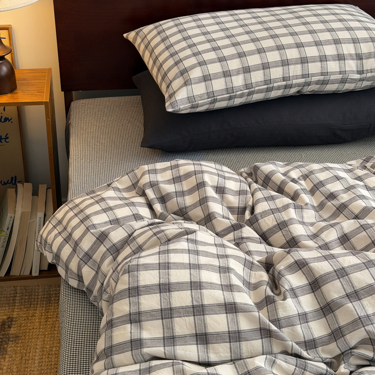 玖弘家居 2026新款全棉色织水洗棉人字纹格子混搭四件套系列 灰白格+深灰