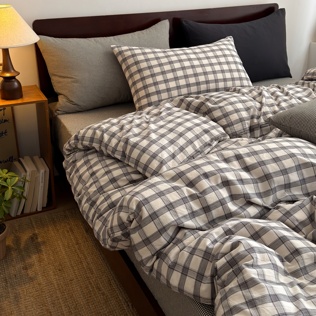 玖弘家居 2026新款全棉色织水洗棉人字纹格子混搭四件套系列 灰白格一对