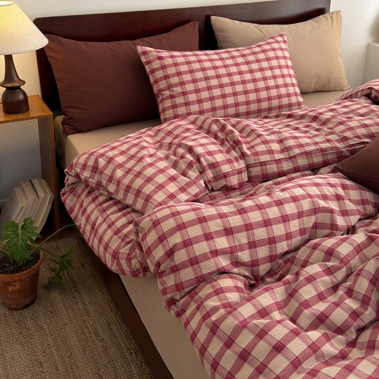 91家纺网 家纺一手货源 找家纺 玖弘家居 2026新款全棉色织水洗棉人字纹格子混搭四件套系列 枕套晚霞格+燕麦