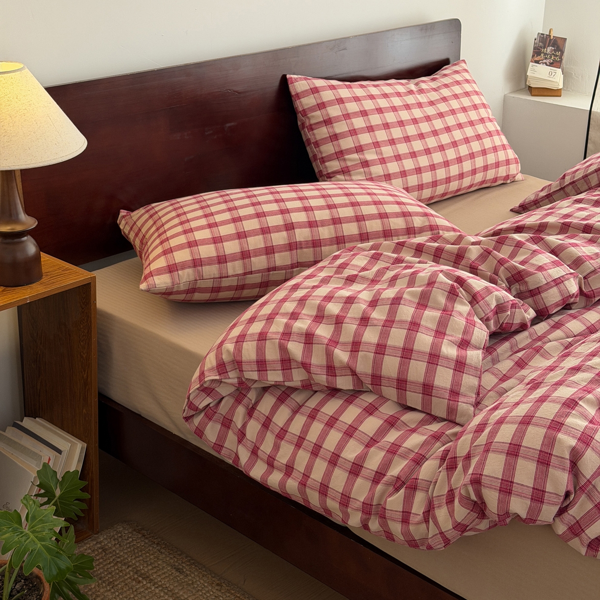 玖弘家居 2026新款全棉色织水洗棉人字纹格子混搭四件套系列 枕套晚霞格一对