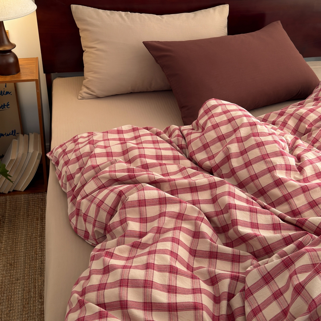 玖弘家居 2026新款全棉色织水洗棉人字纹格子混搭四件套系列 枕套燕麦+绣红