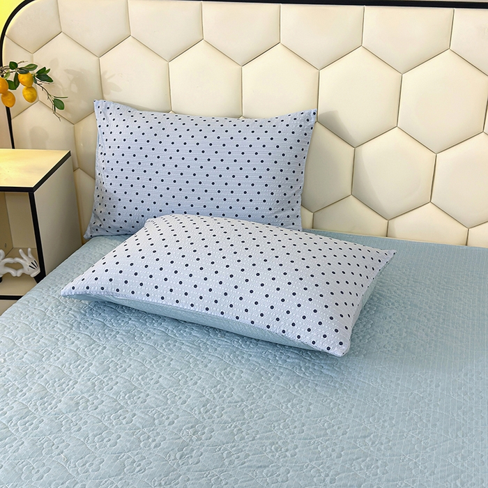 91家纺网 家纺一手货源 找家纺 凤杰家纺 2026新款云感双层纱床盖四件套 海蓝波点