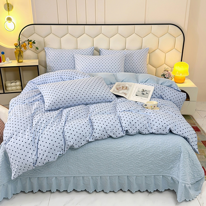 凤杰家纺 2026新款云感双层纱床盖四件套 海蓝波点