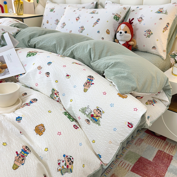 91家纺网 家纺一手货源 找家纺 凤杰家纺 2026新款云感双层纱床盖四件套 欢乐小新