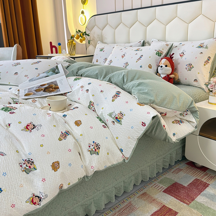 91家纺网 家纺一手货源 找家纺 凤杰家纺 2026新款云感双层纱床盖四件套 欢乐小新