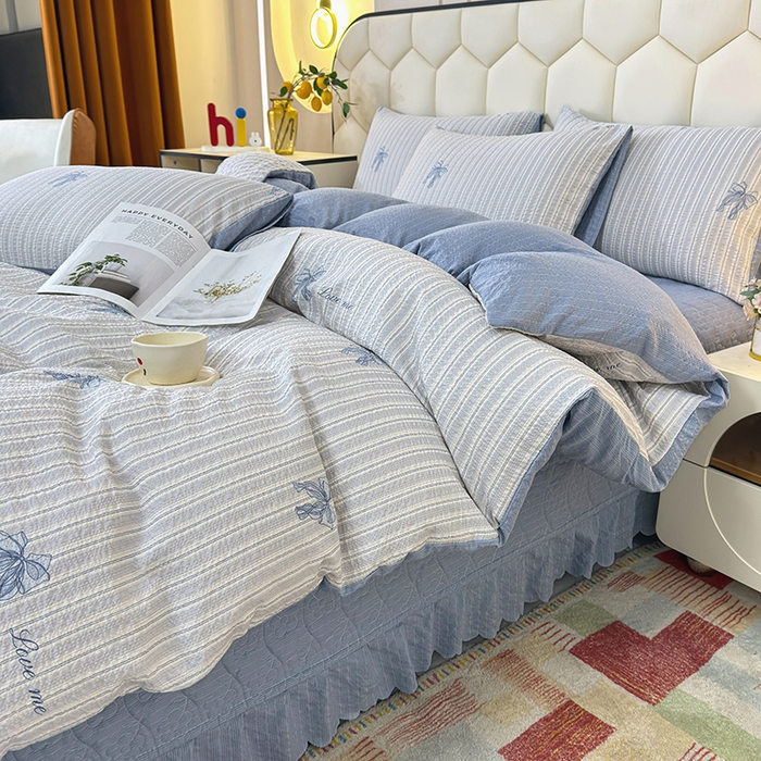 91家纺网 家纺一手货源 找家纺 凤杰家纺 2026新款云感双层纱床盖四件套 蓝调蝴蝶结