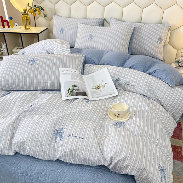 91家纺网 家纺一手货源 找家纺 凤杰家纺 2026新款云感双层纱床盖四件套 蓝调蝴蝶结