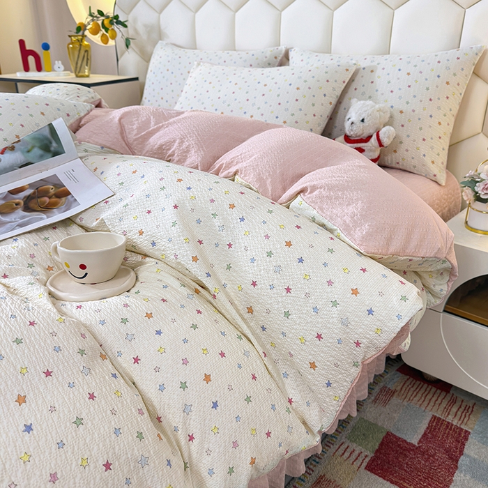 91家纺网 家纺一手货源 找家纺 凤杰家纺 2026新款云感双层纱床盖四件套 满天星