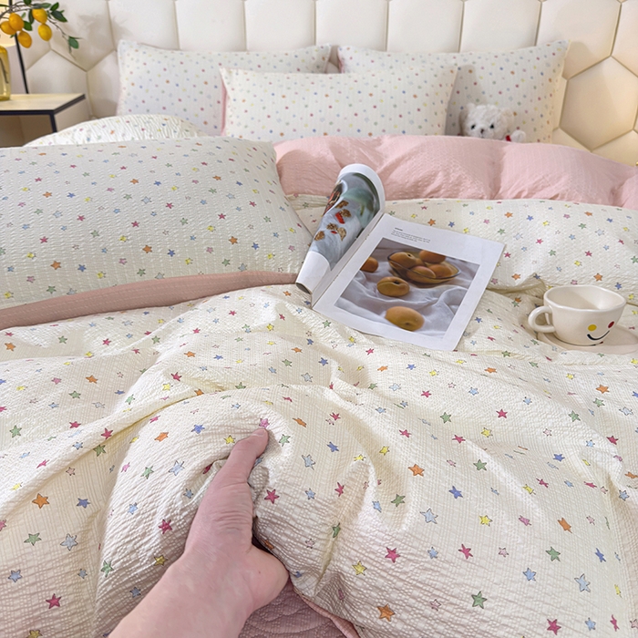 91家纺网 家纺一手货源 找家纺 凤杰家纺 2026新款云感双层纱床盖四件套 满天星