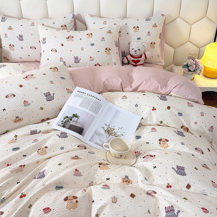 91家纺网 家纺一手货源 找家纺 凤杰家纺 2026新款云感双层纱床盖四件套 萌宠