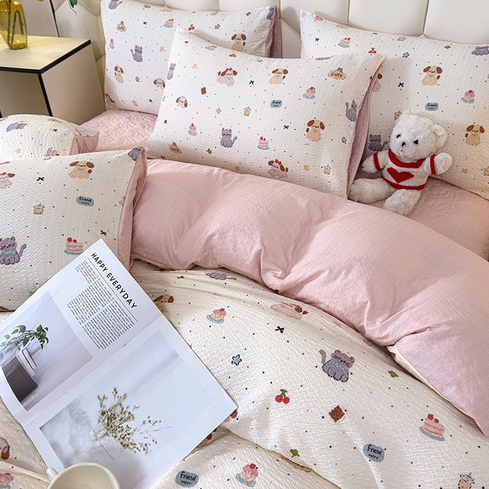 91家纺网 家纺一手货源 找家纺 凤杰家纺 2026新款云感双层纱床盖四件套 萌宠