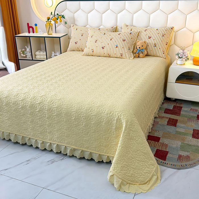 91家纺网 家纺一手货源 找家纺 凤杰家纺 2026新款云感双层纱床盖四件套 星星人-黄