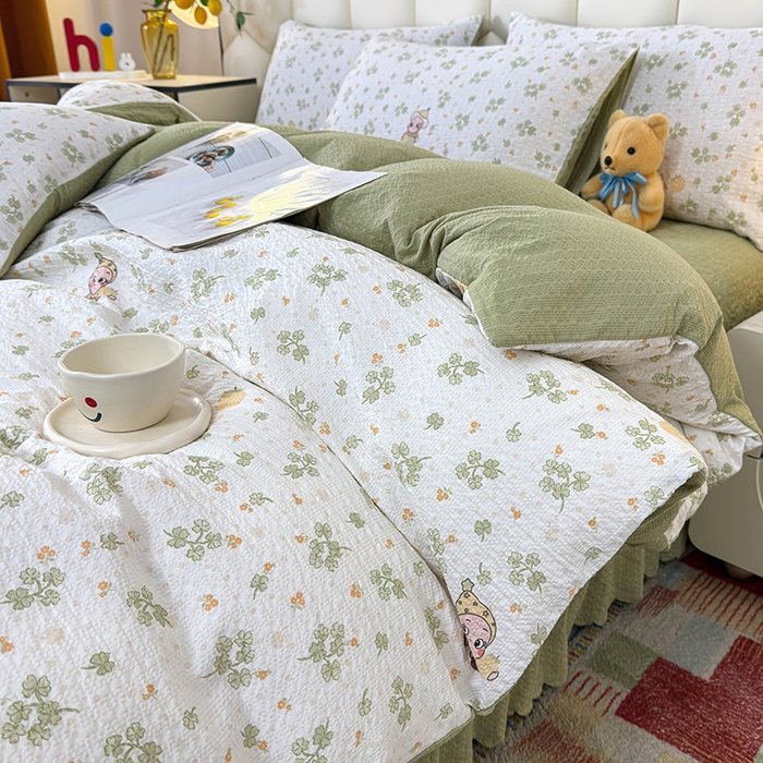 91家纺网 家纺一手货源 找家纺 凤杰家纺 2026新款云感双层纱床盖四件套 星星人-绿