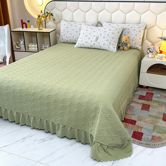 91家纺网 家纺一手货源 找家纺 凤杰家纺 2026新款云感双层纱床盖四件套 星星人-绿