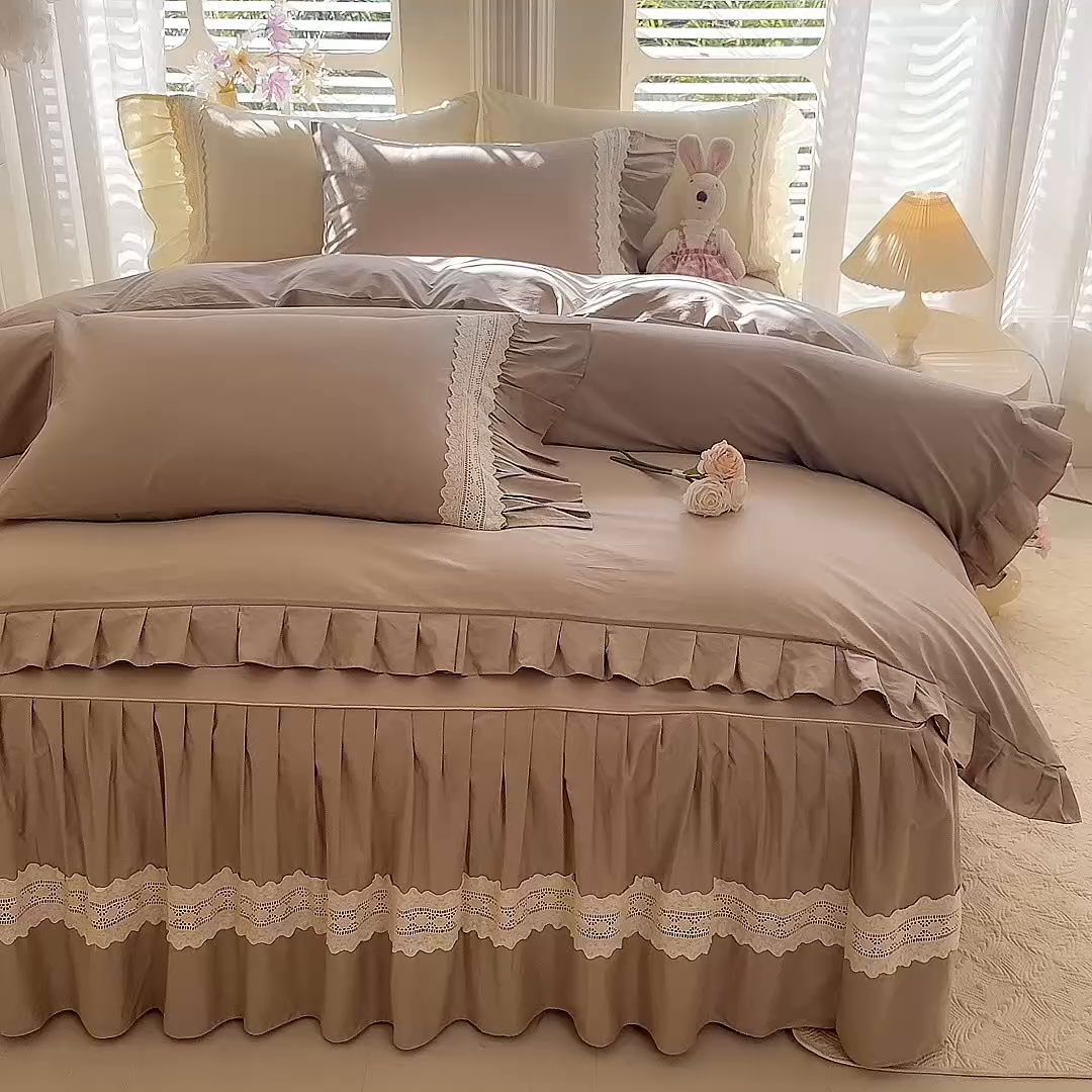 91家纺网 家纺一手货源 找家纺 （总）美达家纺 2026新款纯色13372全棉床裙法式镂空庄园风四件套