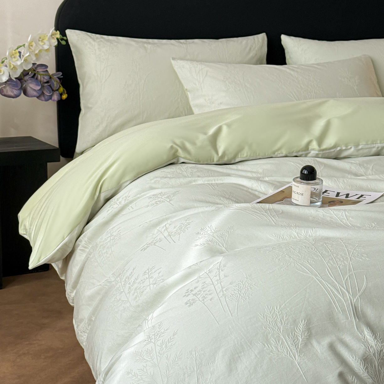 91家纺网 家纺一手货源 找家纺 雅萱家纺 2026新款60支提花全棉四件套 春草绿