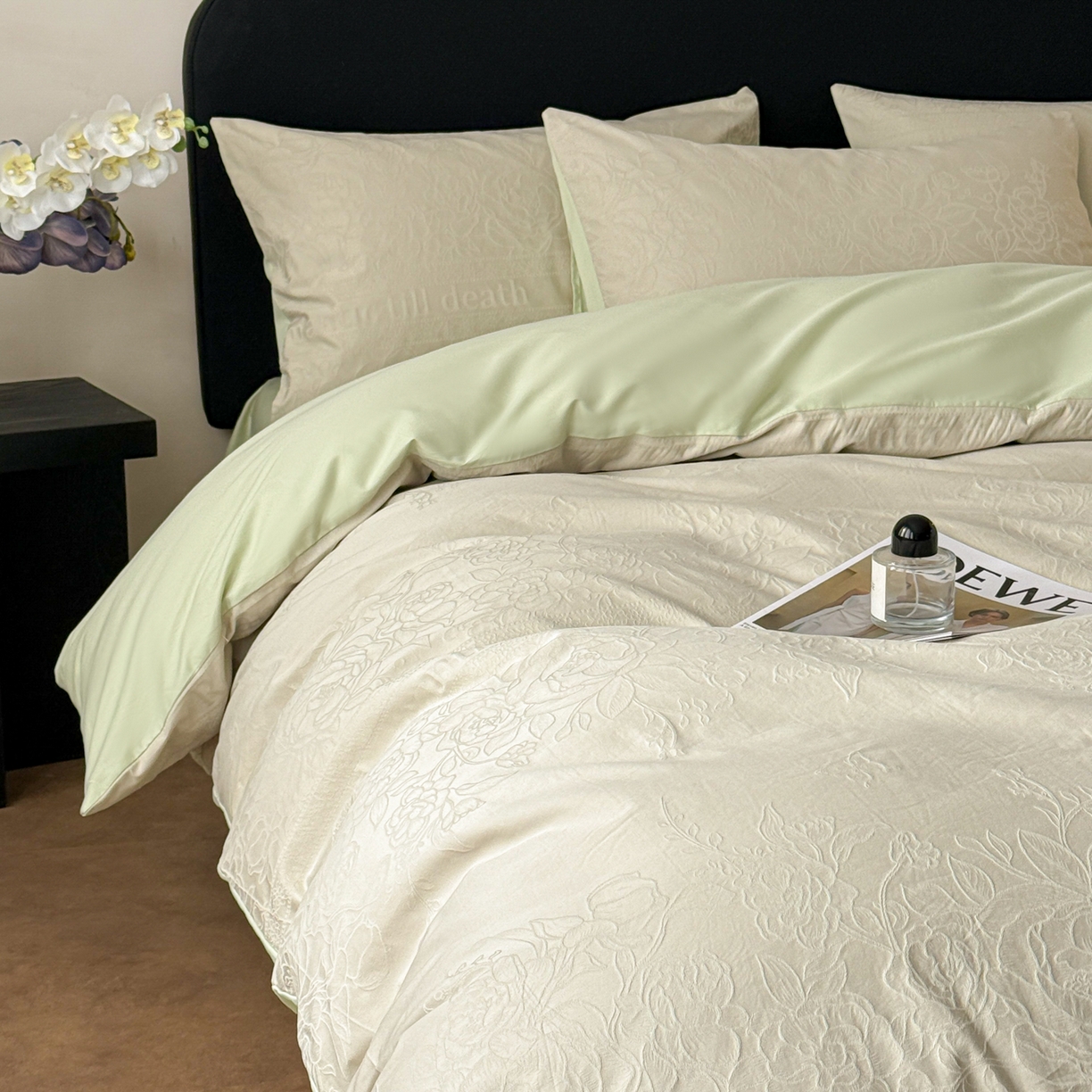 91家纺网 家纺一手货源 找家纺 雅萱家纺 2026新款60支提花全棉四件套 繁花绿