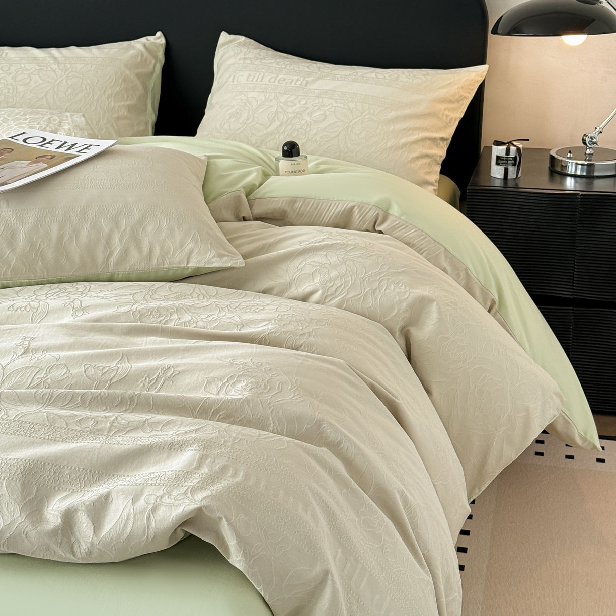 91家纺网 家纺一手货源 找家纺 雅萱家纺 2026新款60支提花全棉四件套 繁花绿